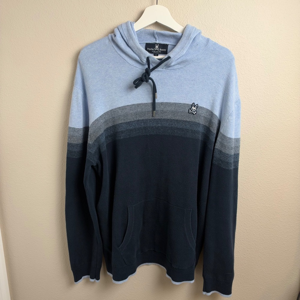 Psycho Bunny Knit Pullover Hoodie XL Blue Navy Colorblock Embroidered Logo